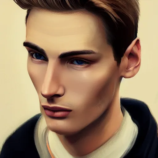 Image similar to tall man in his twenties with brown blond short quiff hair and thin slightly round facial structure with cleft chin, straight eyebrows and prominent nose, good definition of cheekbones, big hazel nut brown eyes, narrow face, slim body, atmospheric lighting, painted, intricate, 4 k, highly detailed by charlie bowater