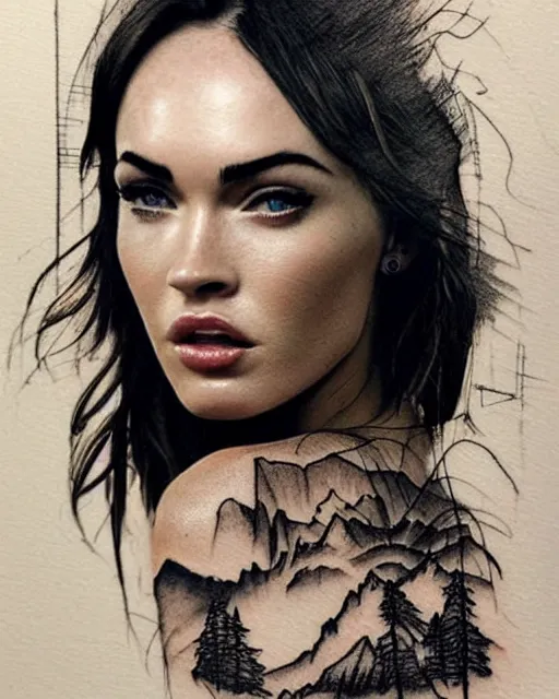 Prompt: megan fox face faded in beautiful mountain scenery, double exposure effect, medium sized tattoo sketch, amazing detail, trending on pinterest, in the style of brandon kidwell