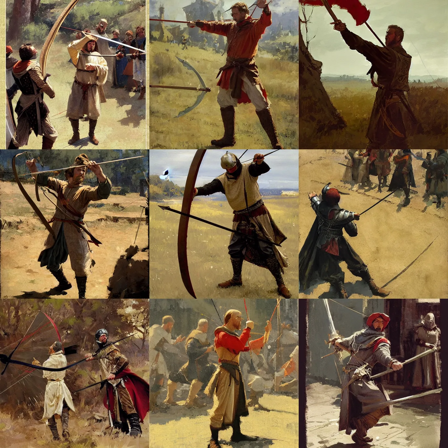 Prompt: man in medieval clothes aiming a bow at target by craig mullins, greg manchess, bernie fuchs, walter everett, epic