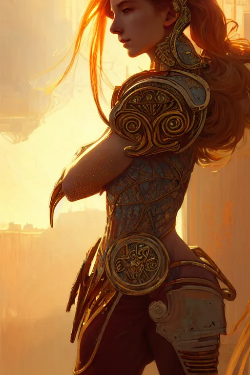 Image similar to portrait knights of zodiac girl, golden and copper shining armor, in ruined agora of athens sunrise, ssci - fi and fantasy, intricate and very very beautiful and elegant, highly detailed, digital painting, artstation, concept art, smooth and sharp focus, illustration, art by tian zi and wlop and ilya kuvshinov and alphonse mucha