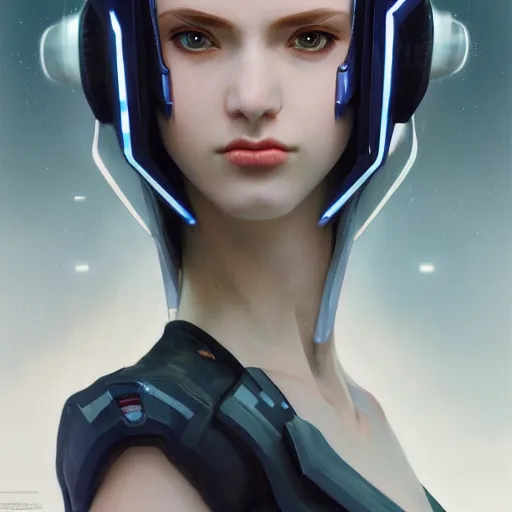 Image similar to portrait of a young female cyberpunk fighter, futuristic, headshot, hyper realistic, pale skin, 4k, rule of thirds, beautiful eyes, extreme detail, detailed drawing, trending artstation, hd, fantasy, D&D, realistic lighting, by Alphonse Mucha, Greg Rutkowski, sharp focus, backlit, elegant