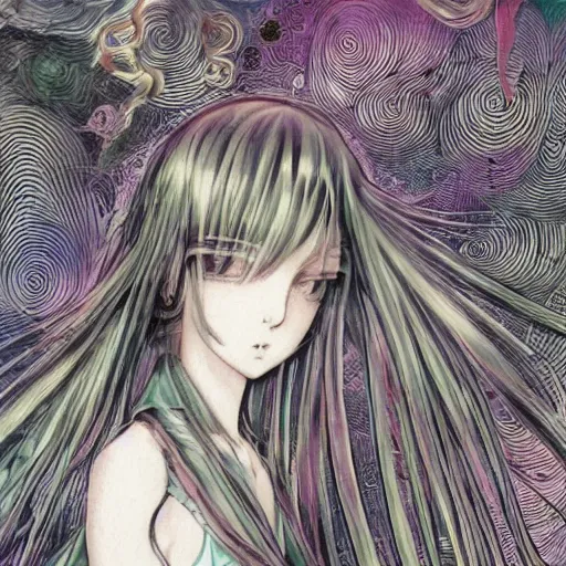 Image similar to yoshitaka amano realistic illustration of an anime girl with black eyes and long wavy white hair wearing dress suit with tie and surrounded by abstract junji ito style patterns in the background, blurry and dreamy illustration, 1 9 9 0 s anime color palette, noisy film grain effect, highly detailed, oil painting with expressive brush strokes, weird portrait angle