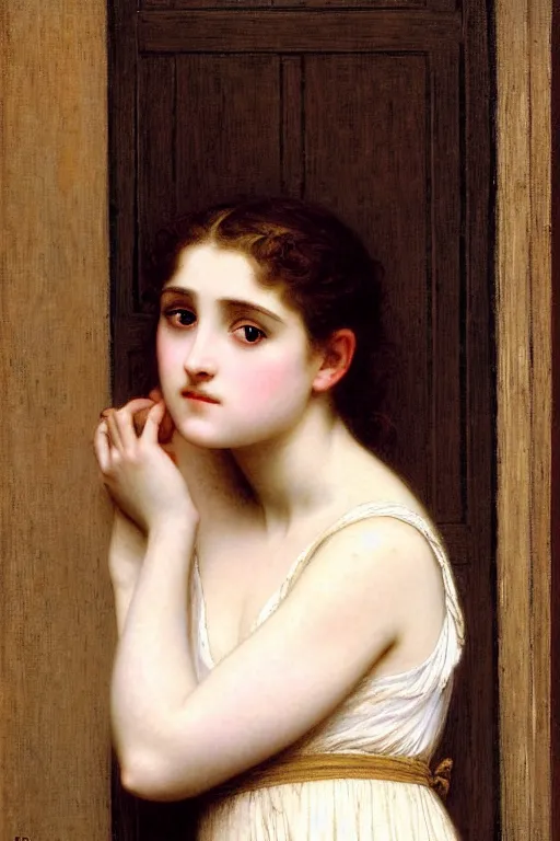 Image similar to girl in thought by auguste toulmouche and bouguereau, perfect detailed eyes, beautiful hands, pale skin, blonde hair, leaning on door