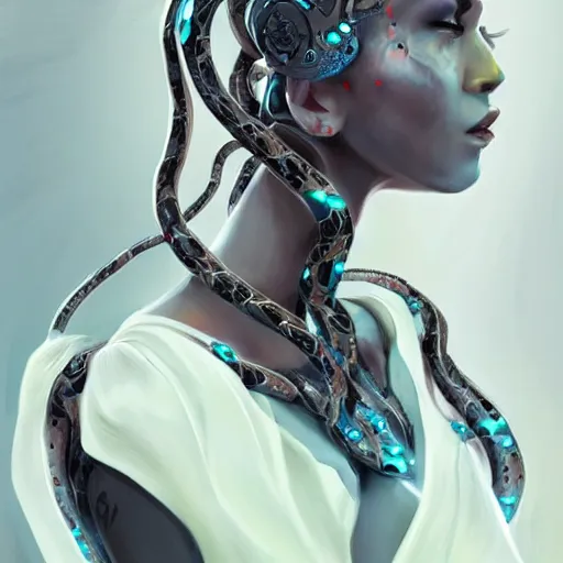 Image similar to a robotic woman with snakes on her hair, artstation