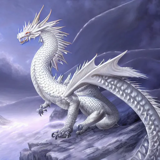 Prompt: a Blue eyed white dragon, epic background by Keith Thompson and Christopher Bretz, highly detailed, digital painting, HDRI, vivid colors, high contrast, 8k resolution, intricate, photorealistic, smooth