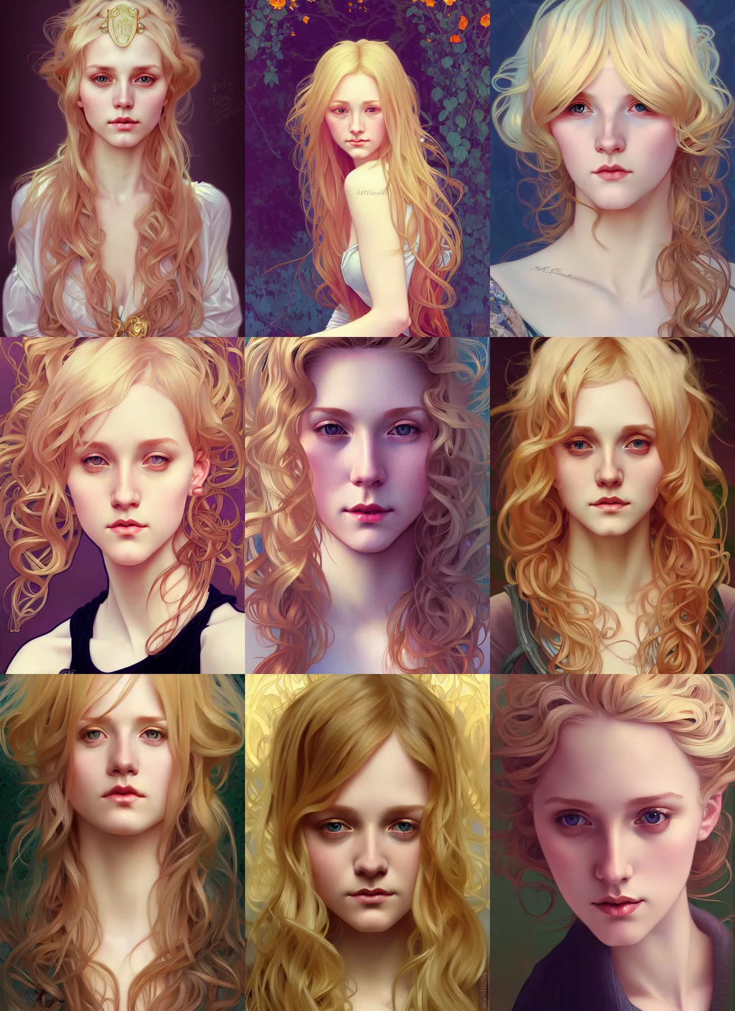 Prompt: A beautiful portrait of Ophelia Goldhall, blonde hair, highly detailed, digital painting, smooth, sharp focus, illustration, art by artgerm and alphonse mucha, high definition digital art, in the style of Ross tran and ilya kuvshinov