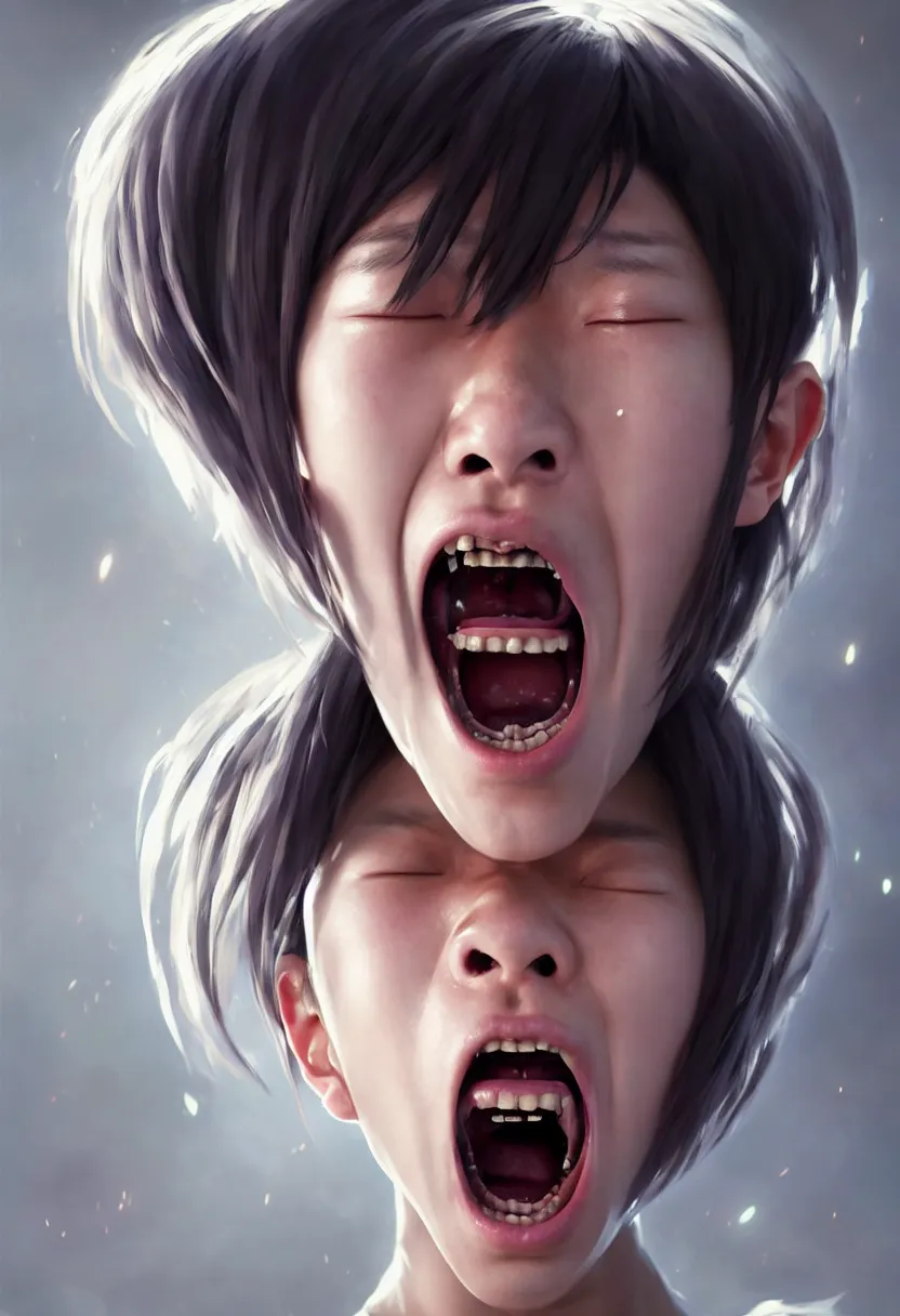 Image similar to beautiful render, waist up portrait of a futuristic cute japanese teenager screaming in anger and frustration, intricate, elegant, highly detailed, digital painting, artstation, concept art, smooth, sharp focus, octane render, dramatic lighting, symmetry, symmetrical face, ONE FACE, headshot, art by greg rutkowski and wlop