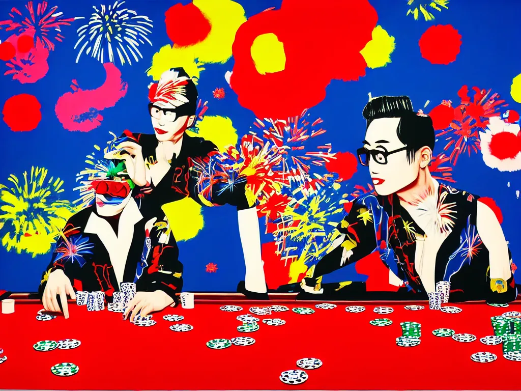 Image similar to hyper - realistic composition of a room with an extremely detailed poker table, croupier in traditional japanese kimono standing nearby fireworks in the background, pop art style, jackie tsai style, andy warhol style, acrylic on canvas