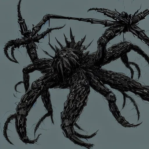 Image similar to concept art of a dark souls boss, six arms undead riding a spider;dark fantasy