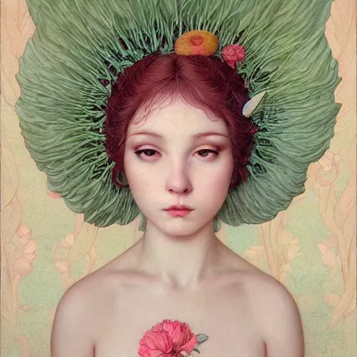 Prompt: white cat girl, botanical, portrait face, colorful, kupka, intricate, miles johnston, kuroda seiki, cynical realism, ozabu, john william godward, painterly, yoshitaka amano, moebius, miles johnston, louise zhang, james jean, mark ryden lowbrow pop surrealism art style