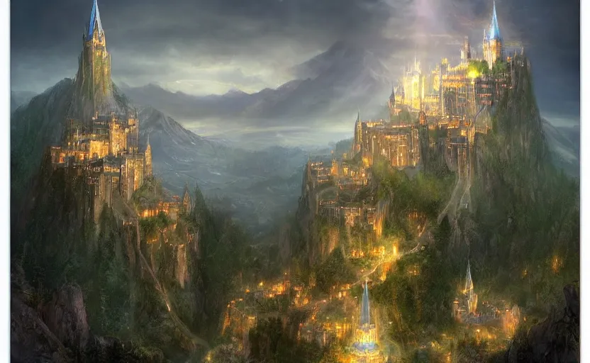 Image similar to beautiful secret city of the elves gondolin on top of a mountain, magical gloomy mystical. by konstantin razumov, fractal flame, chiaroscuro, highly detailded