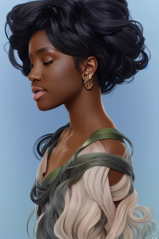 Image similar to beautiful black woman with gorgeous pastel balayage hairstyle, as seen on artgerm, octane render, in the style of alphonse mucha, ultra realistic, highly detailed, 8 k