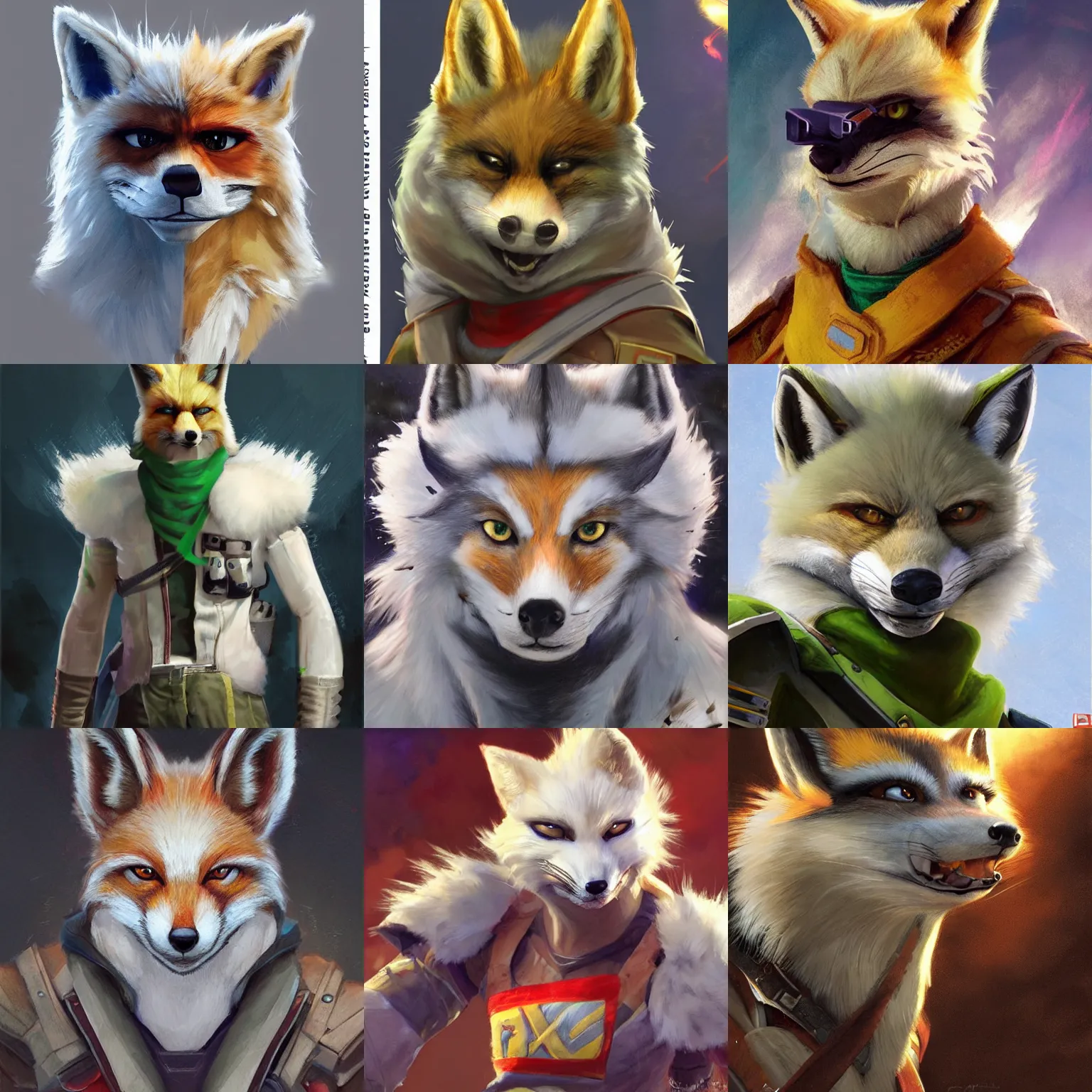 Prompt: a portrait of fox mccloud from star fox with a white mohawk, artstation, greg rutkowski, gregory manchess, greg hildebrandt, concept art, furry furaffinity, fox mccloud