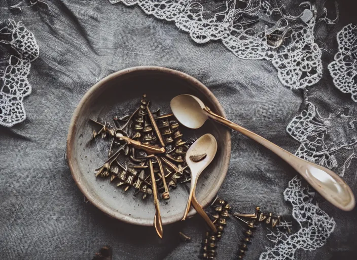 Image similar to dslr photograph of a beautiful bowl filled with rusty nails screws and bolts with a spoon next to it on a lace napkin, 8 5 mm f 1. 8