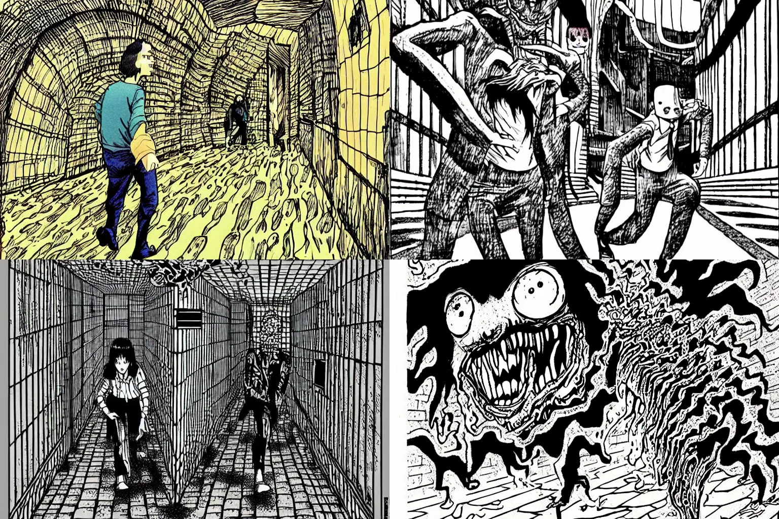 Prompt: monster running down the halls, illustration by junji ito, colored manga art, dynamic perspective