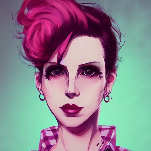 Image similar to full headshot portrait of Lana del ray punk, digital art, short pink hair, drawn by WLOP, by Avetetsuya Studios, anime manga panel, trending on artstation, wearing a plaid shirt