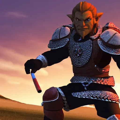 Prompt: photo of ganondorf in chainmail armor catching a baseball on flat plains with no vegetation during sunset, hd