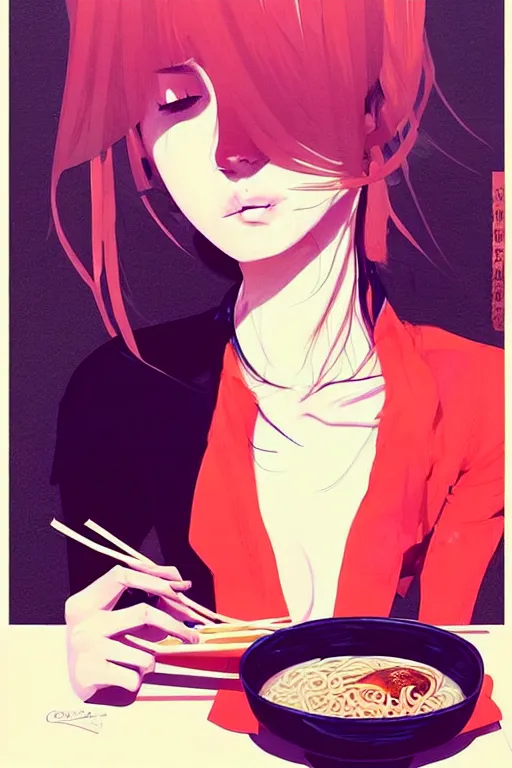 Image similar to a ultradetailed beautiful painting of a stylish woman eating ramen, by conrad roset, greg rutkowski and makoto shinkai trending on artstation