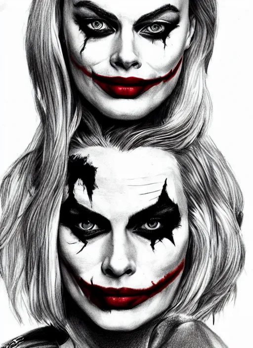 Image similar to a drawing margot robbie with joker makeup, ace card, realistic face, black and white, hyper realistic, highly detailed