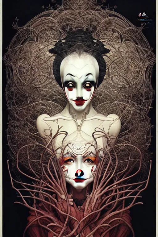 Image similar to 🤡, dynamic lighting, depth details, intricate, symmetrical lines, smooth, extremely highly detailed, by bambang nurdianshyah, garis edelweiss, roby dwi antono and ayami kojima, takato yamamoto, barclay shaw, karol bak, yukito kishiro, norman rockwell