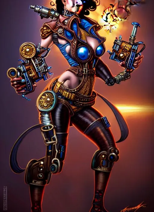 Prompt: front portrait of attractive Lady Mechanika standing while holding retro guns that wrap their arms, Intricate steampunk imagery , D&D!, fantasy style, sharp focus!, ultra detailed, art by Artgerm and Peter Andrew Jones, WLUP