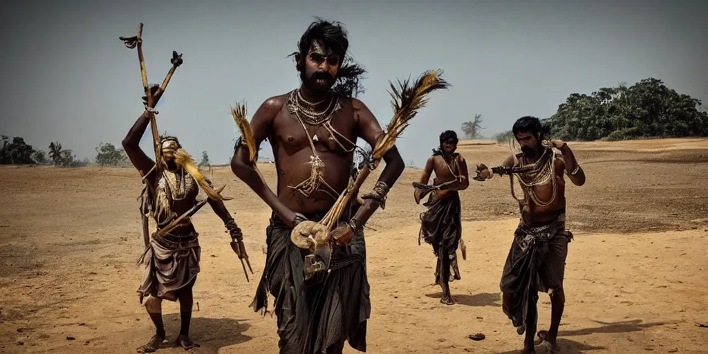 Image similar to sri lankan mad max style, traditional drum player, film still, epic shot cinematography, rule of thirds