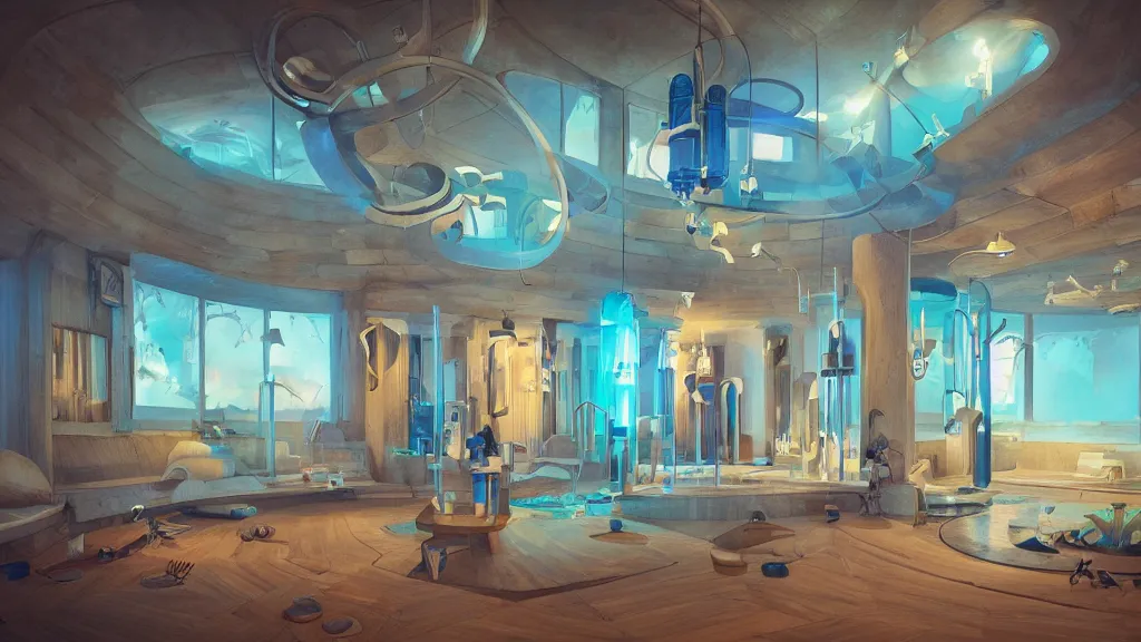 Prompt: interior view of Wizard's tower, peaceful interior design, aquamarine colors, nixie tube-interior-lighting, playground-view, peaceful-design, bright, style of Modernism, 4k, wide-perspective, grand-composition, concept-art, highly-detailed, sublime, dramatic, cinematic, octane