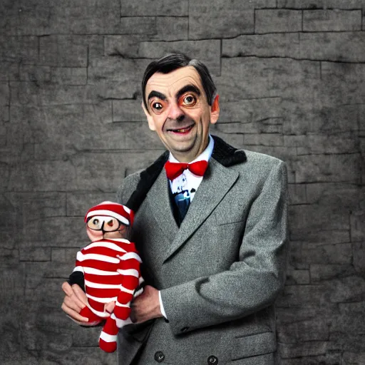 Prompt: a high quality photoshoot photograph of mr. bean as waldo from where's waldo