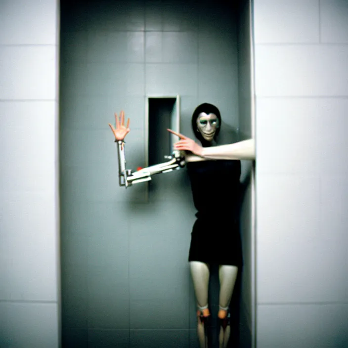 Image similar to skinny agile cyborg trying to claw its way out of a bathroom stall, nightmare, horror, 3 5 mm, film shot