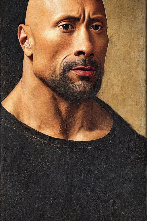 Image similar to dwayne the rock johnson, renaissance 1 6 0 0 portrait of dwyane the rock, oil painting by jan van eyck, northern renaissance art, oil on canvas, wet - on - wet technique, realistic, expressive emotions, intricate textures, illusionistic detail