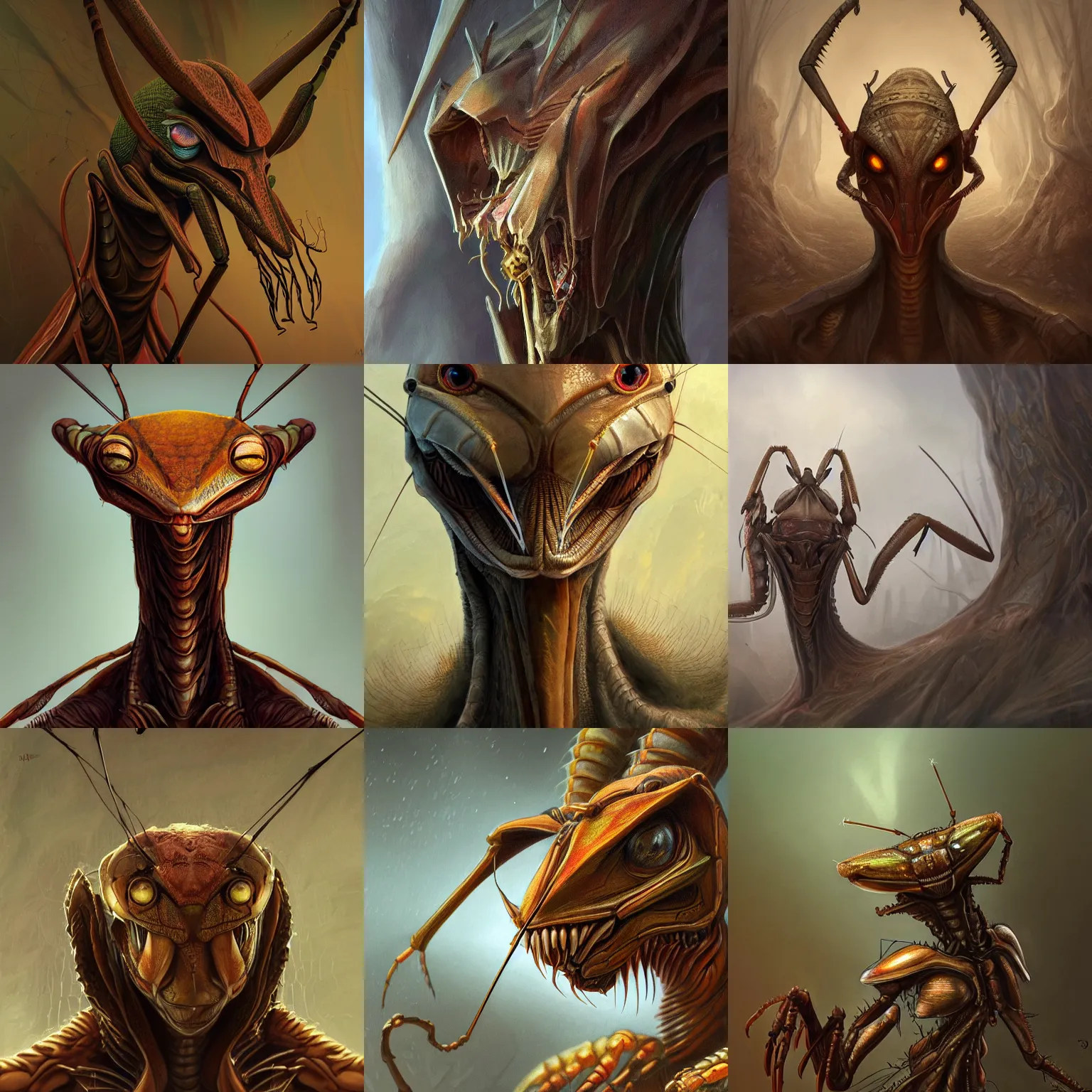 Prompt: portrait of an anthropomorphic insectoid, predatory praying mantis, brown exoskeleton, thin antennae, d & d rogue, flat triangle - shaped head, concept art, deep focus, fantasy, intricate, highly detailed, digital painting, artstation, matte, sharp focus, illustration, art by marc simonetti
