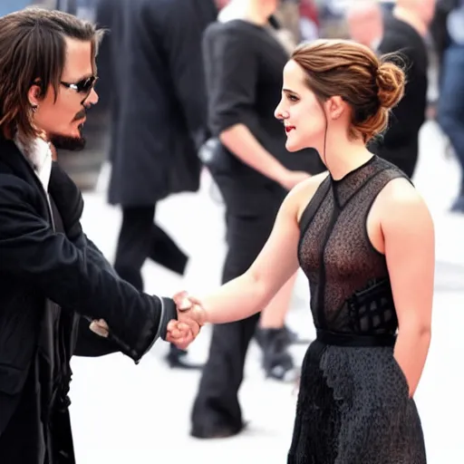 Prompt: emma watson and johnny depp shaking hands