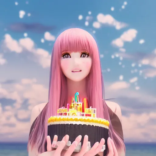 Image similar to Render of a beautiful 3d anime woman holding a birthday cake out to the camera, long light pink hair, full bangs, hazel eyes, cute freckles, full round face, soft smile, Chinese heritage, cute checkerboard sundress, golden hour, serene beach setting, medium shot, mid-shot, hyperdetailed, trending on Artstation, Unreal Engine 4k