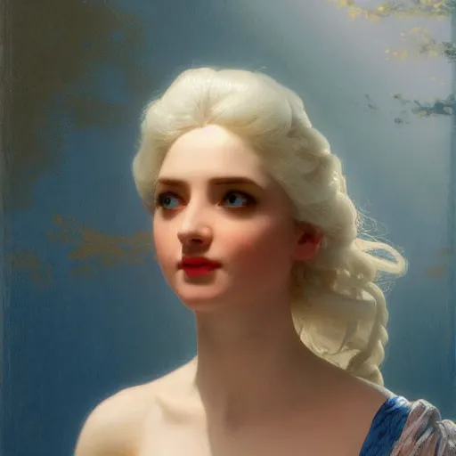 Image similar to a young woman's face, her hair is white and she wears a cobalt blue satin cloak, by ivan aivazovsky and syd mead and moebius and gaston bussiere and roger dean and pieter claesz and paul delaroche and alma tadema and aelbert cuyp and stanley kubrick, hyperrealistic, volumetric light, octane render