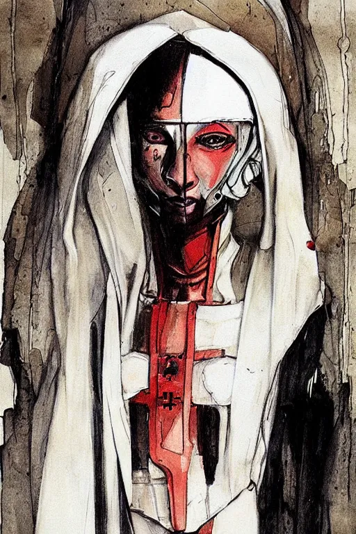 Prompt: portrait fashion model cyborg nun artwork by enki bilal