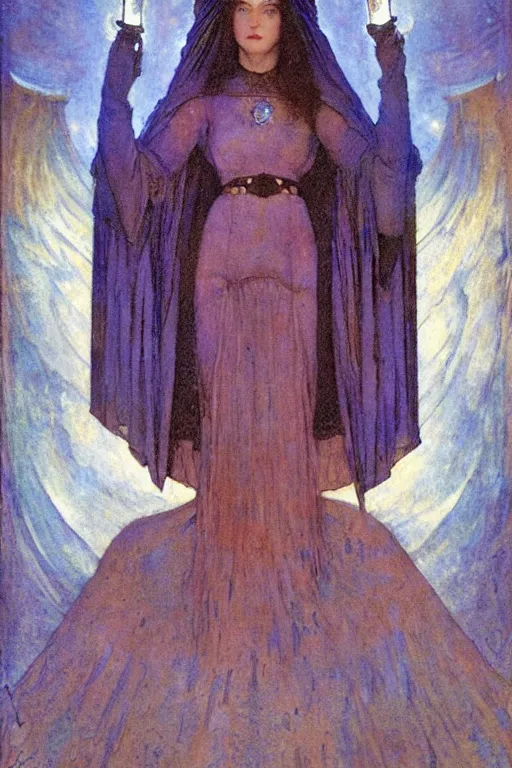 Prompt: queen of the dark angels with her lantern by Annie Swynnerton and Nicholas Roerich and jean delville, strong dramatic cinematic lighting , ornate headdress , flowing robes, lost civilizations, smooth, sharp focus, extremely detailed