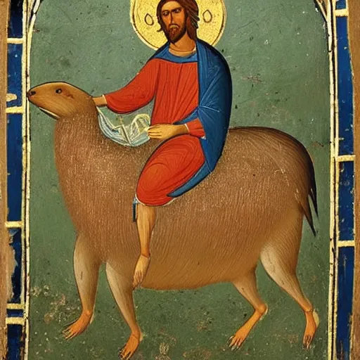 Prompt: byzantine art depicting jesus riding on the back of a giant capybara, very detailed, very intricate, white background,