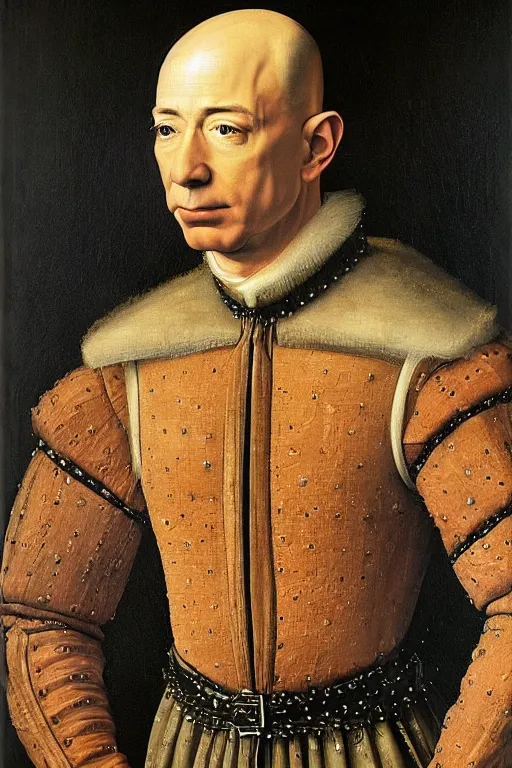 Image similar to 1 4 0 0 s renaissance portrait of jeff bezos!!! oil painting by jan van eyck, northern renaissance art, oil on canvas, wet - on - wet technique, realistic, expressive emotions, intricate textures, illusionistic detail