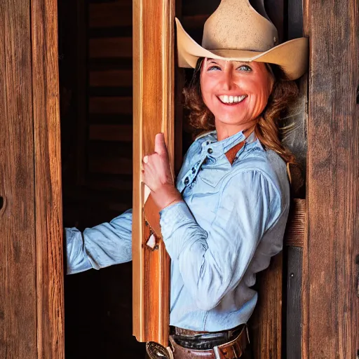 Prompt: cowgirl leaning up against the door frame of saloon with one thumb hooked on belt loop