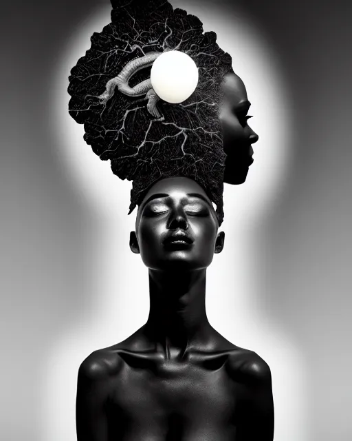 Prompt: surreal mythical dreamy dark artistic black and white fine art photo of a monumental sculpture of a female with orchid - bird head and a luminous brain, rim light, cinematic, studio dramatic light, poetic, octane render, 8 k, photo - realistic