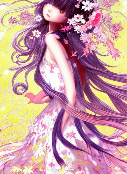 Prompt: exquisite imaginative manga poster of a fairy girl, long wavy hair, rococo dress, shimmering, by kojima ayami, shigenori soejima, minaba hideo,, jump comics, shogakukan, illustration, artstation, highly detailed, 8 k, fluorescent, maximalist