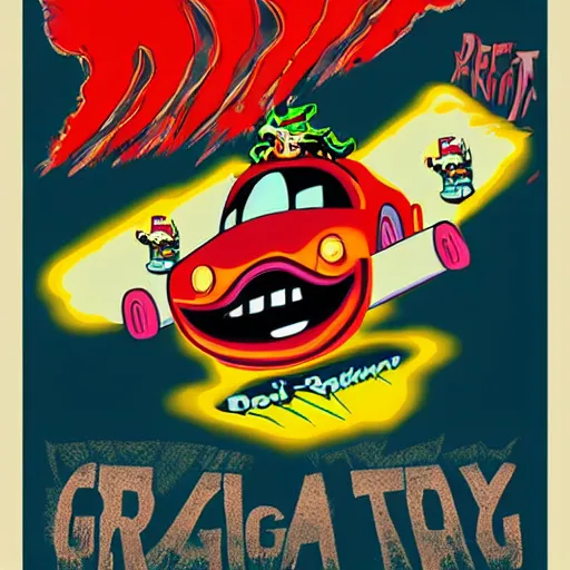 Prompt: Crazy Pop-Wonder NFT Style Racing-Poster Artwork of Jeff DeGrandis Dragfink.com Ed 'BIG DADDY' Roth GIGANTIC-Rat, oversized hero character art, Driving a Hotrod, crazy racer spinning, burnout, smokey tires, classic-cult-comic-style, hand drawn svg, vector artwork