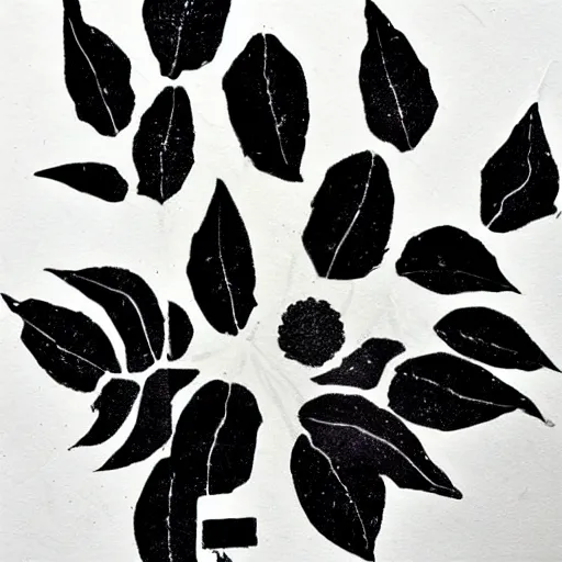 Prompt: block print, botanical art, boho, black ink on white paper