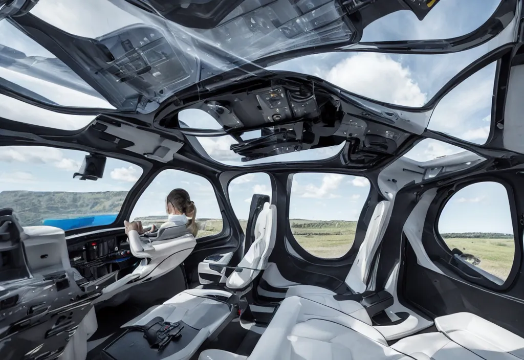 Prompt: the inside of a futuristic flying car