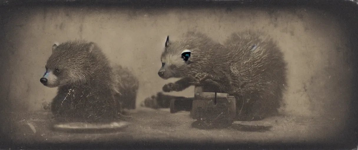 Image similar to detailed daguerreotype of a honey badger as watchmaker in workshop, stempunk vintage style, wet collodion, stempunk, sepia, monochrome black and white, artistic photo from late xix century, high resolution, dark atmosphere, gum bichromate