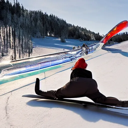 Prompt: sports illustrated photo, an elderly woman sliding down an incredibly long ice luge on her back at incredibly high speeds