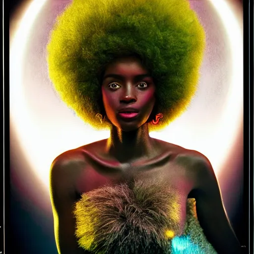 Prompt: beautiful afro woman futuristic super schizophrenic psychotic prismatic superhuman, lush detail, national geographic, steichen, herb ritts, roger deakins, anne leibovitz, alphonse mucha, art deco, sharp focus, hyperrealism, greg rutkowski, psychosis, beautiful psychotic radiant madwoman, super schizophrenic superhuman, beeple, volumetric light