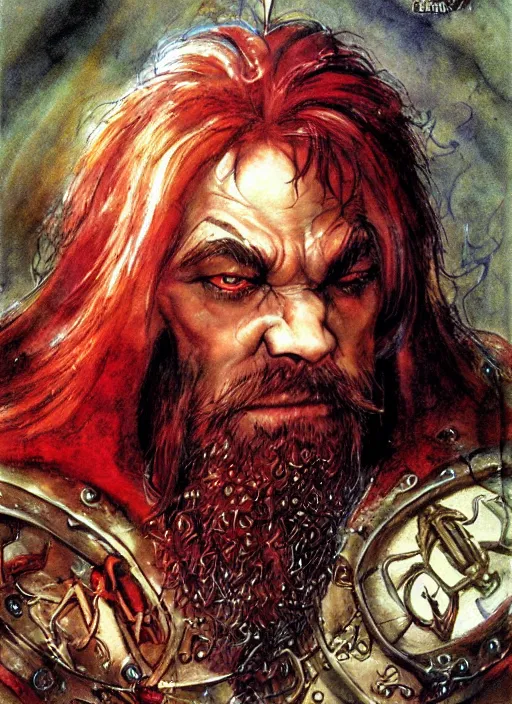 Prompt: portrait of dwarf sorcerer, beautiful! coherent! dungeons and dragons character, by brian froud, larry elmore, gerald brom, ralph horsley strong line, deep color, chainmail, short red hair, high contrast
