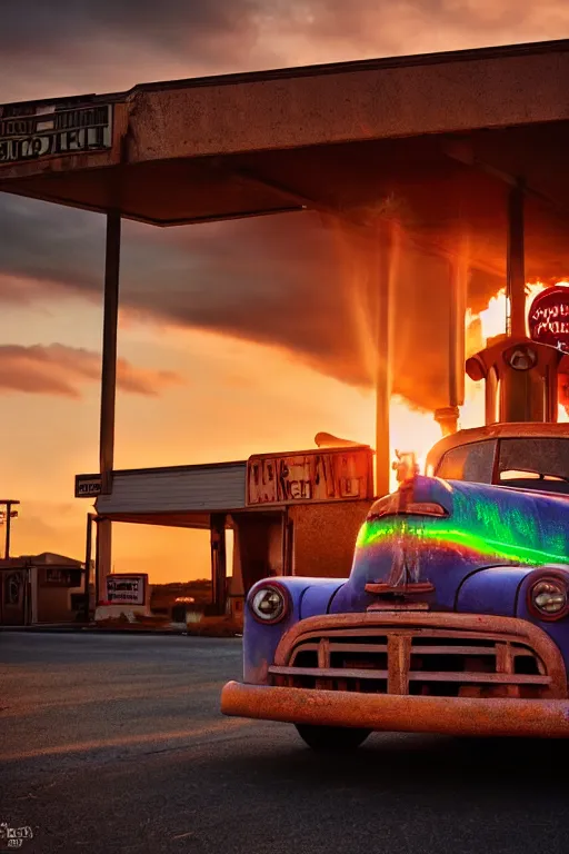 Image similar to a sunset light landscape with historical route 6 6, lots of sparkling details and sun ray ’ s, blinding backlight, smoke, volumetric lighting, colorful, octane, 3 5 mm, abandoned gas station, old rusty pickup - truck, beautiful epic colored reflections, very colorful heavenly, softlight