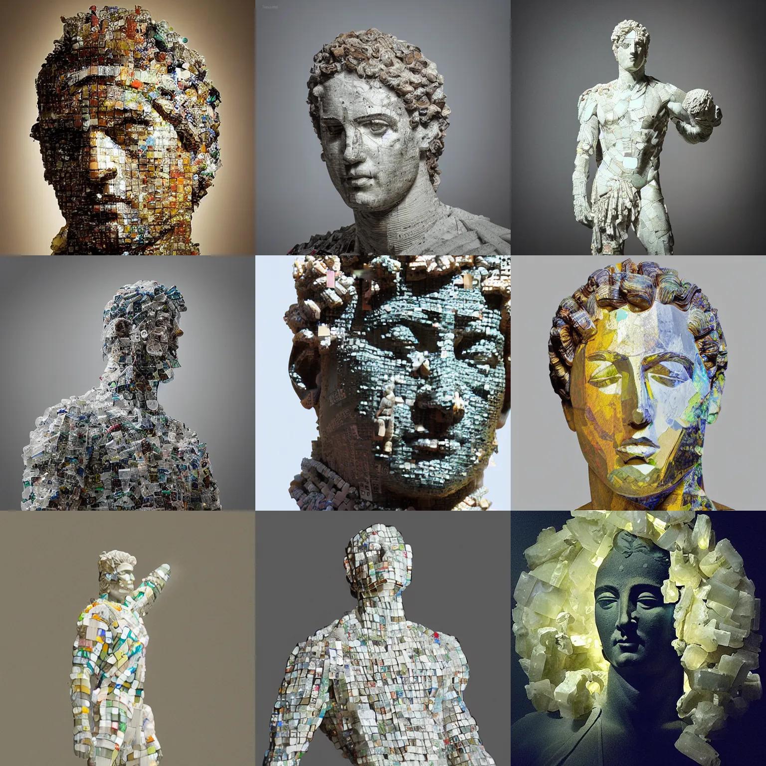 Prompt: “Apollo statue made of pieces of glass and plastic bags, detailed but rough, 4k photo, great light and shadows”